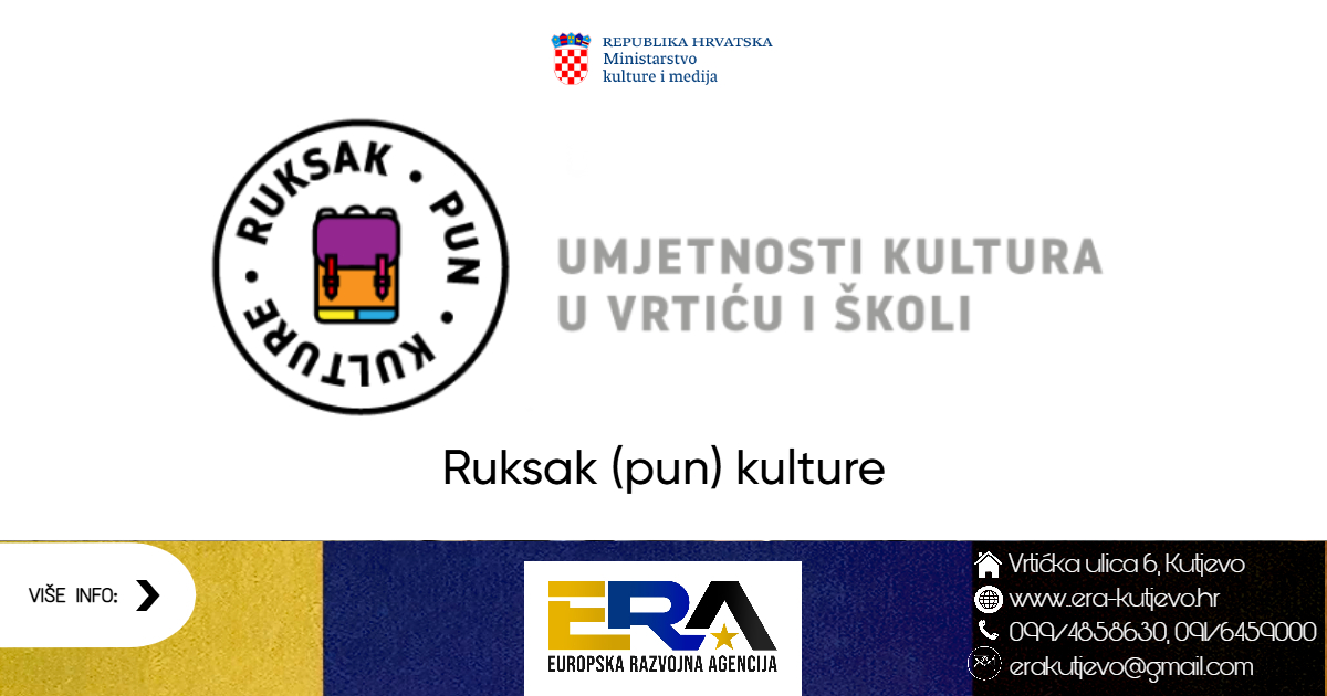 Poziv dječjim vrtićima, osnovnim i srednjim školama te centrima za odgoj i obrazovanje za iskazivanje interesa za sudjelovanje u provedbi programa Ruksak (pun) kulture – umjetnost i kultura u vrtiću i školi za 2026. godinu