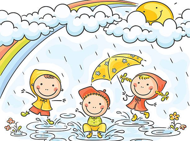 Three little kids are playing in the rain, no gradients.