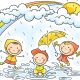 Three little kids are playing in the rain, no gradients.