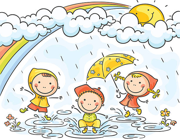 Three little kids are playing in the rain, no gradients.