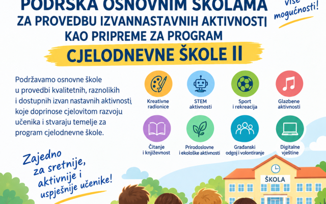 OBJAVLJEN POZIV PODRŠKA OSNOVNIM ŠKOLAMA ZA PROVEDBU IZVANNASTAVNIH AKTIVNOSTI KAO PRIPREME ZA PROGRAM CJELODNEVNE ŠKOLE II